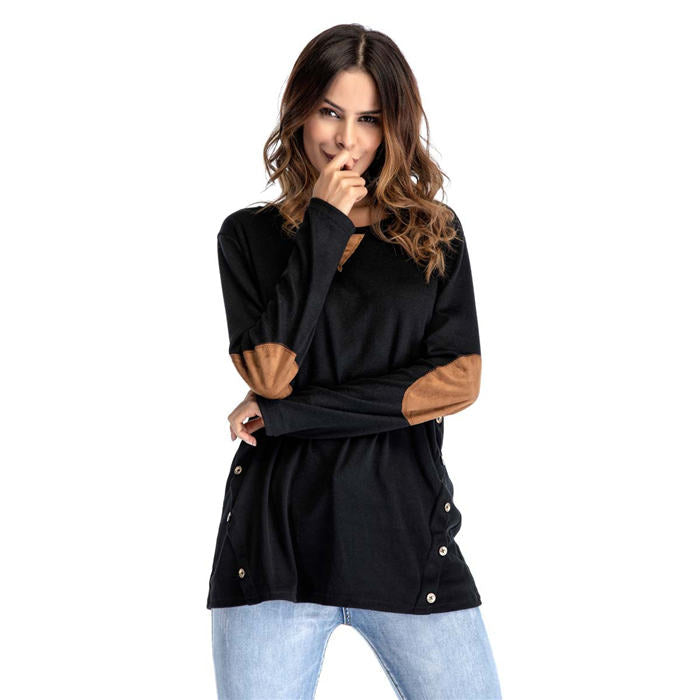 Beakey Women's Long Sleeve Double-breasted Buttons Casual Blouse Tunic Shirt Tops-Black-1025