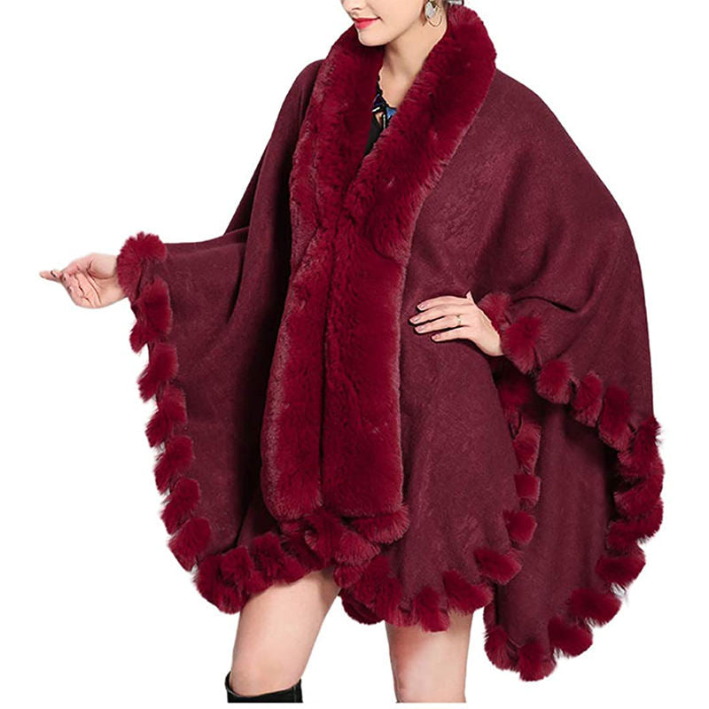 Beakey Womens Faux Fox Fur Trim Cardigan Shawl Oversized Cape-Maroon