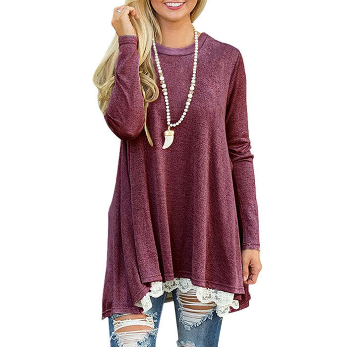 Beakey Women's Crew Neck Long Sleeve Lace Splicing Shirt Long Tunic Blouses-Wine Red-1228
