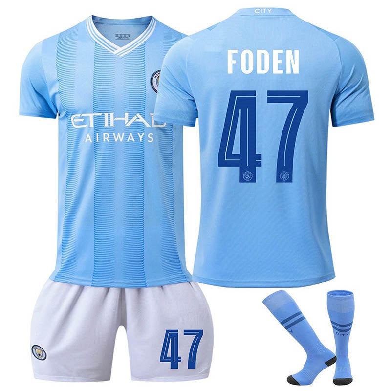 Beakey Manchester City Home FODEN #47 Soccer Jersey Kids Adult 3Pcs Kits