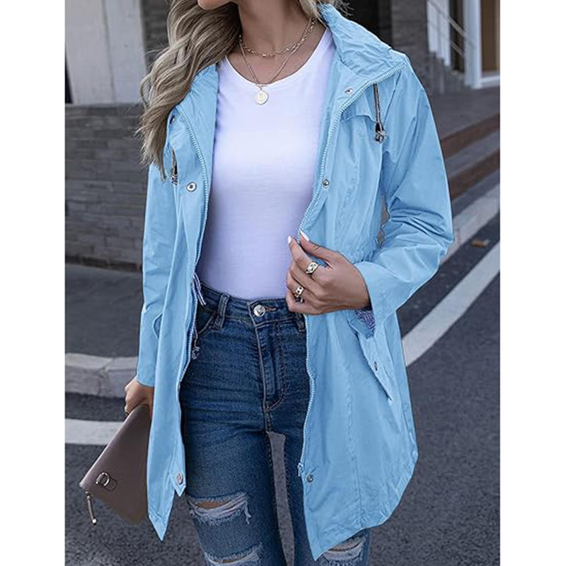 Beakey Rain Jacket for Women Striped Lined Hooded Lightweight Windbreaker-Sky Blue