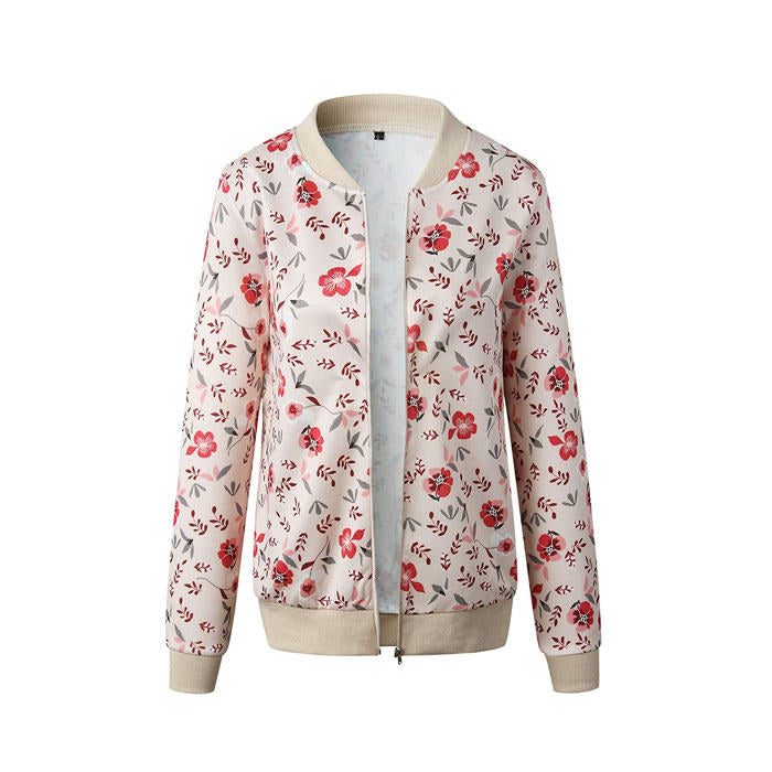 Beakey Women's Fashion Zip Up Casual Jacket Coat Short Outwear Flower Printing Tops-Pink-8795