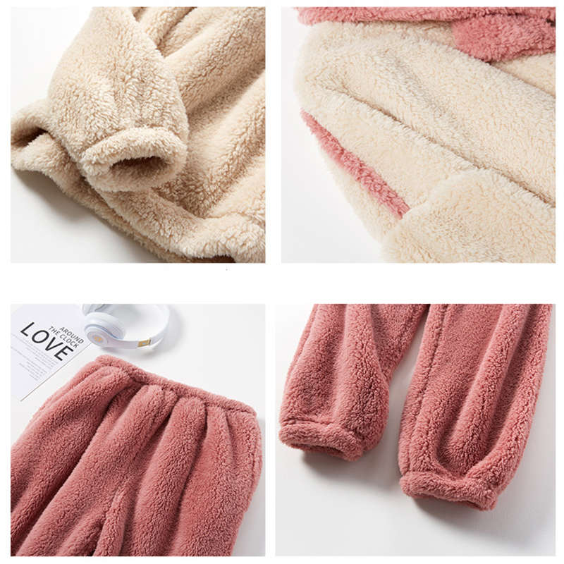 Beakey Womens Thickened Coral Fleece Pajamas Set with Scarf-Beige