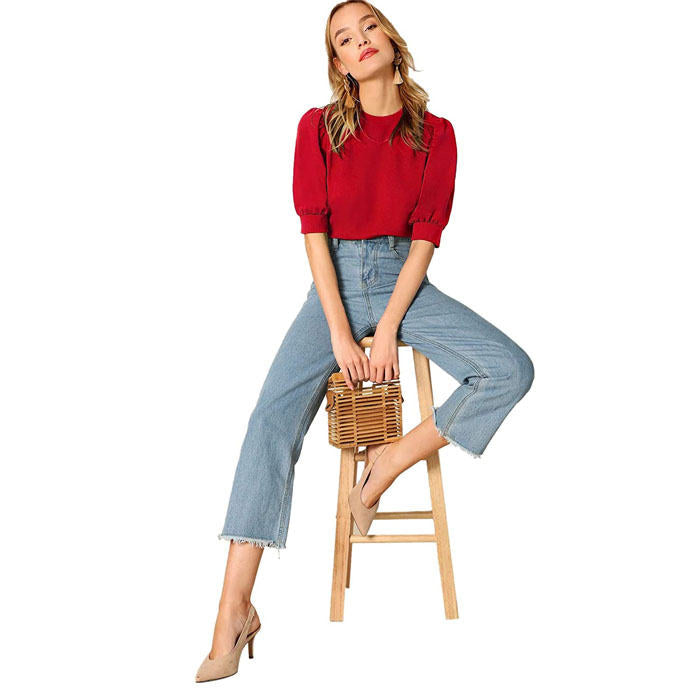 Beakey Women's Unique Puff Sleeve Casual Solid Top Pullover Keyhole Back Blouse-Red-8821