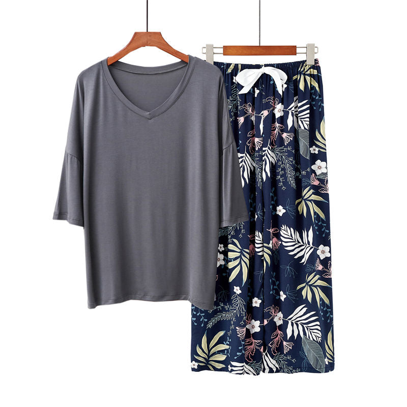 Beakey Womens Pajama Set Print Sleepwear Soft V-Neck Short Sleeve Top With Pants-16