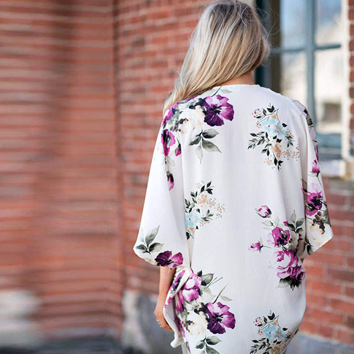 Beakey Women's Summer Floral Print Kimonos Loose Half Sleeve Chiffon Cardigan Blouses Casual Cover Up - White Flower