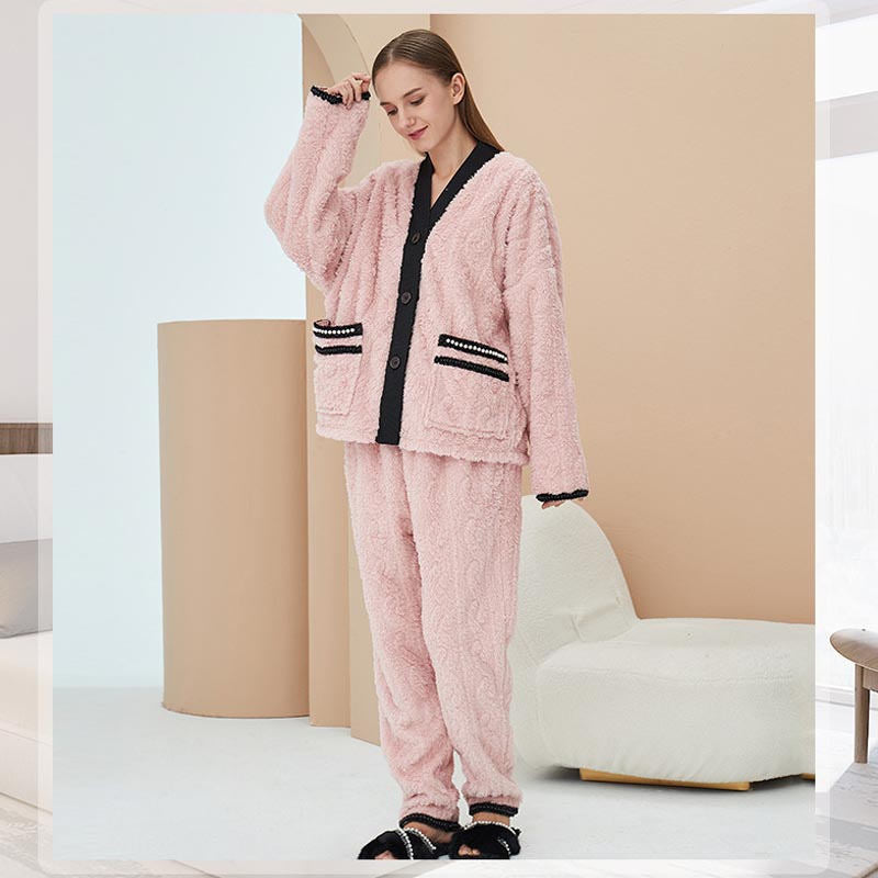 Beakey Women's Fleece Fashion Cardigan Pajama Set-Pink