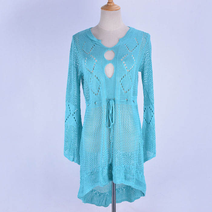 Beakey Women Beach Swimsuit for Women Flared Sleeves Coverups Bikini Loose Cover Up Net-Lake Blue