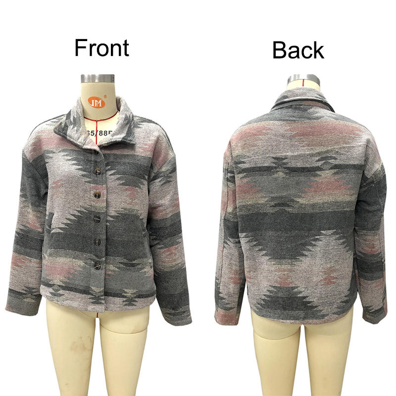 Beakey Womens Aztec Shacket Jacket Boho Wool Blend Coat with Pockets-Pink