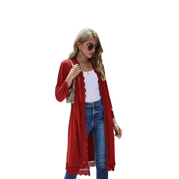 Beakey Women's 3/4 Sleeve Lace Flower Trim Casual Long Cardigan Cover Up Loose Blouse Knitting Outerwear-Red Wine