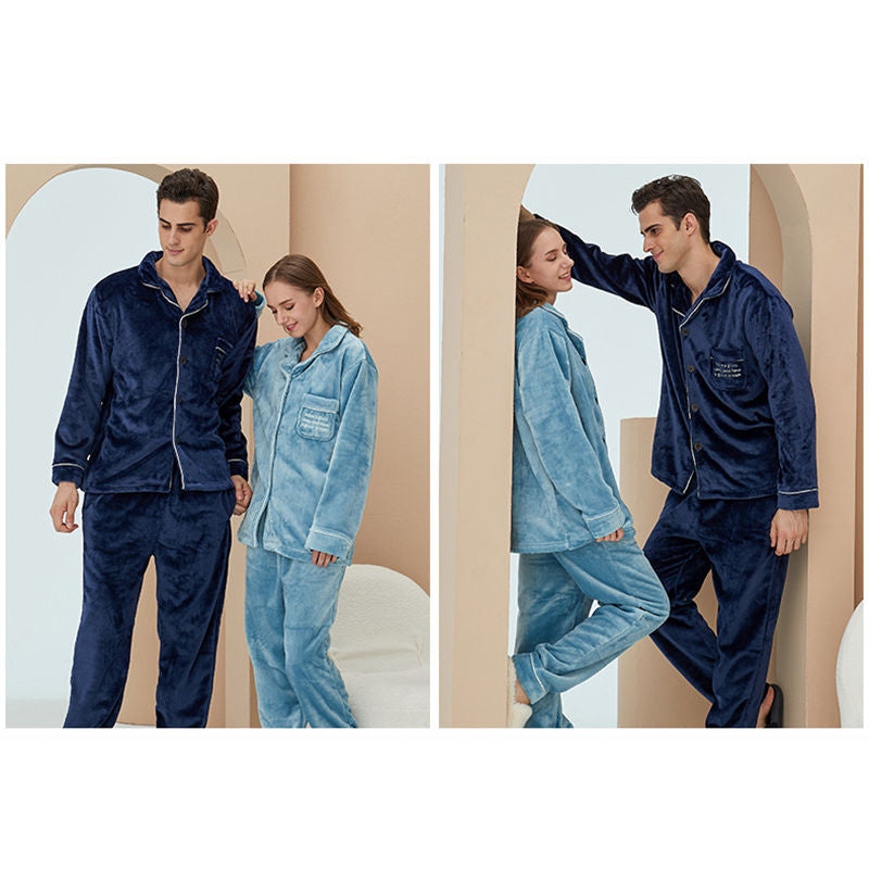 Beakey Thicken Warm Flannel Pajamas Set Homewear-Navy Blue