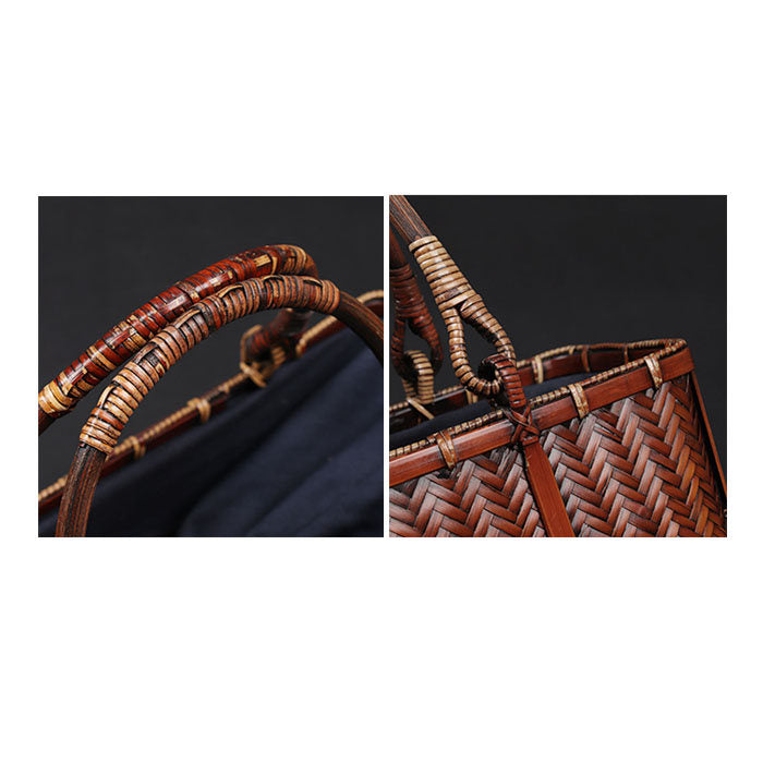 Beakey Retro Womens Bamboo Handbag Handmade Large Tote Bag Wicker Summer Straw Basket Bag-Dark Red