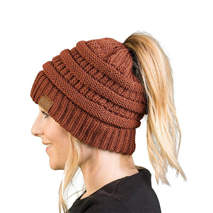 Beakey Soft Stretch Cable Knit Hat Ponytail Beanie Winter Hat For Women-Caramel Colour