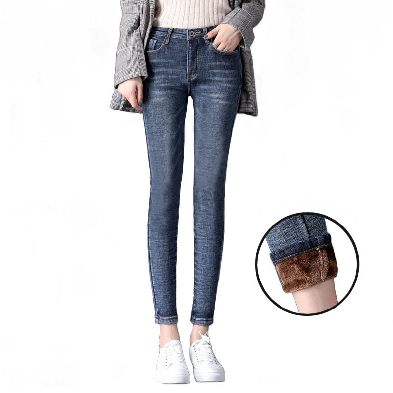 Beakey Womens Fleece Jeans with Pockets High Waist Stretch Pants-689-Retro Blue