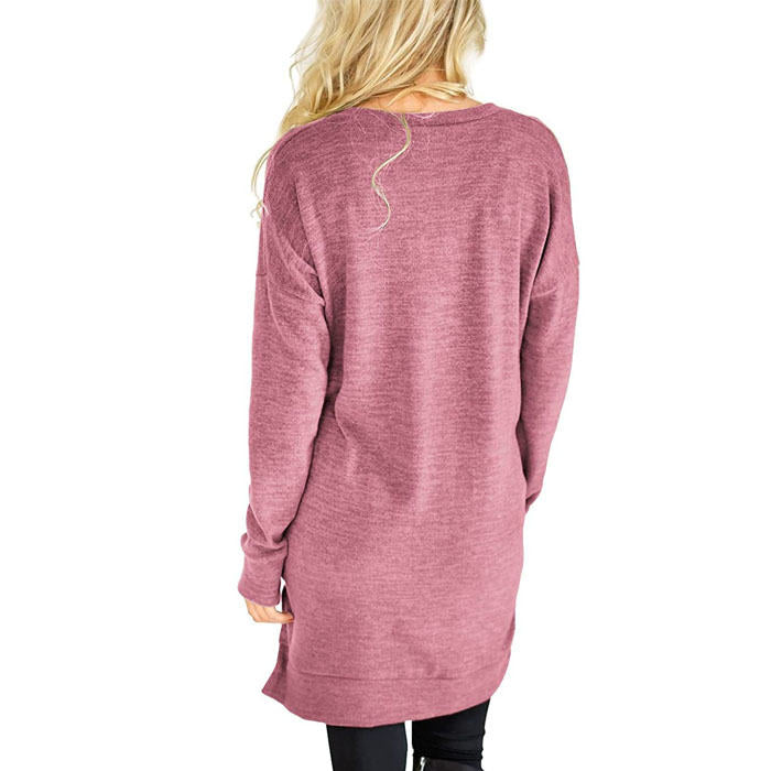 Beakey Womens Casual V Neck Long Sleeves Pocket Solid Color Sweatshirt Split Tops-Light Wine Red-W0083