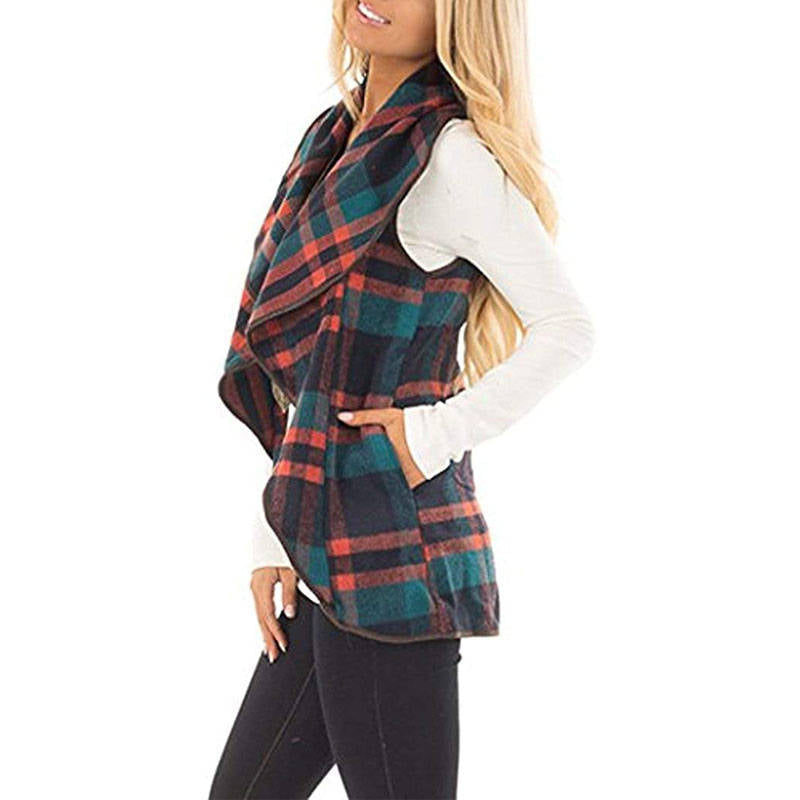 Beakey Womens Casual Lapel Open Front Plaid Vest Cardigan with Pockets-Yellow