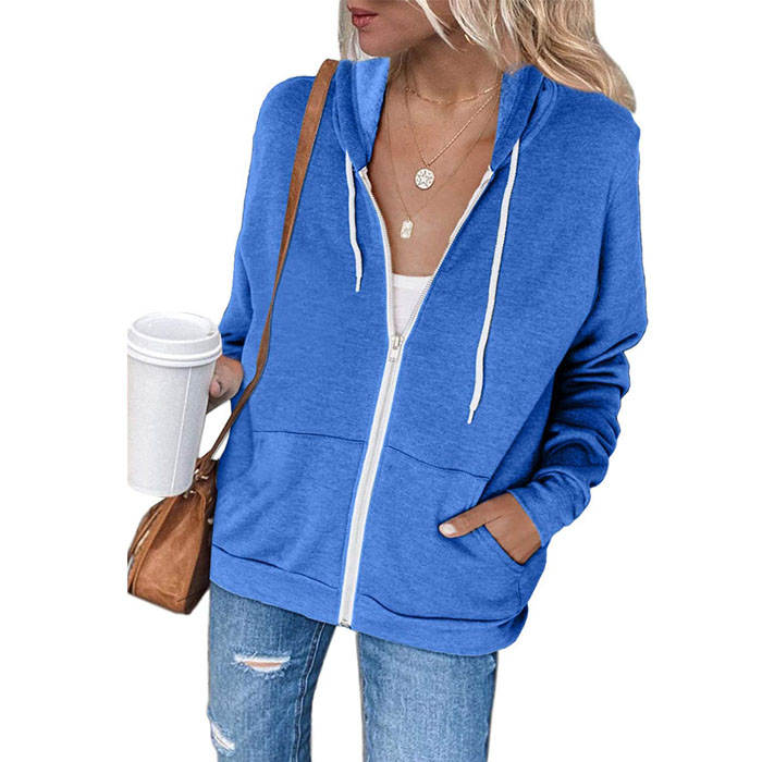 Beakey Womens Solid Color Zip Up Hoodie Long Sleeve Casual Sweatshirts Coat-Blue-7052