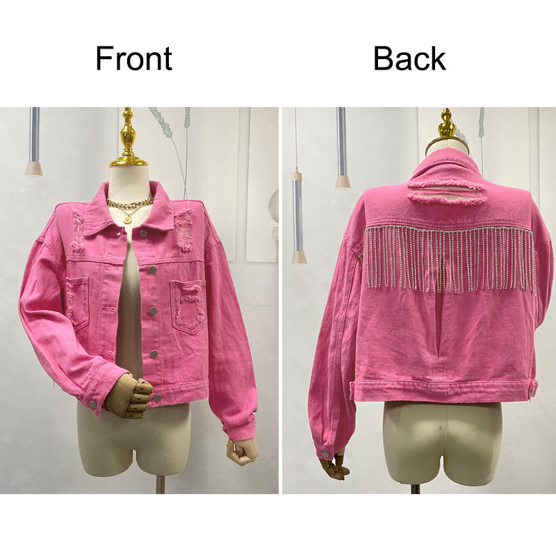 Beakey Womens Denim Jacket with Fringe Rhinestones Crop Casual Coat-RoseRed