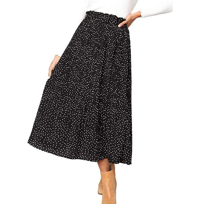 Beakey Womens High Waist Skirt Polka Dot Pleated Midi Maxi Swing Skirt High Elastic-Black-0387