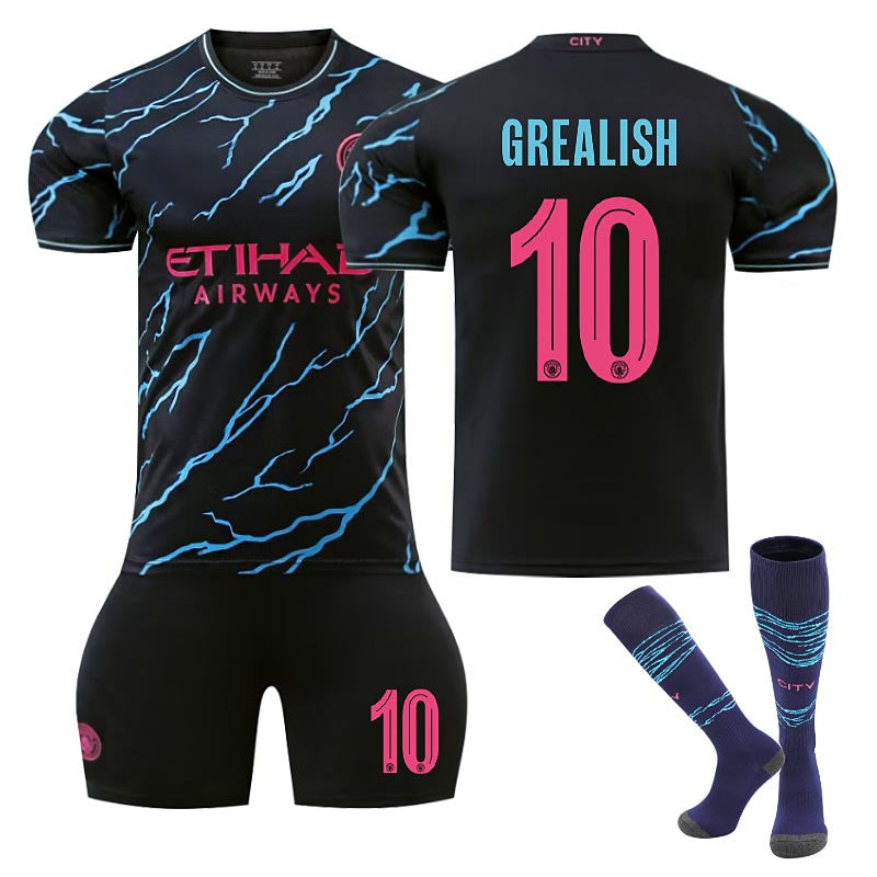 Beakey Manchester City Second Away UEFA Jersey GREALISH #10 Soccer Jersey Kids Adult 3Pcs Jersey Kits