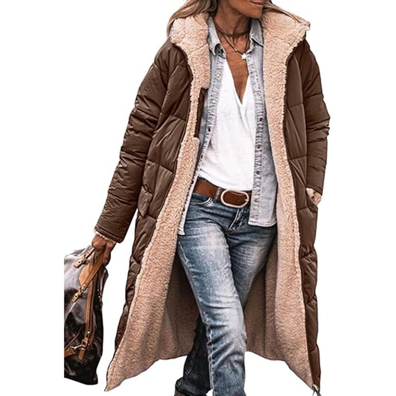 Beakey Womens Long Coats with Hood Fleece Lining Oversized Jackets-Coffee
