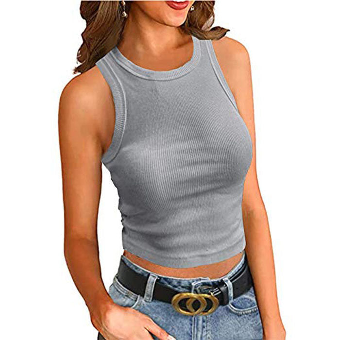 Beakey Vest For Women Notch Sleeveless Summer Ribbed Short Leaking Belly Tank Tops-Light Gray-3011