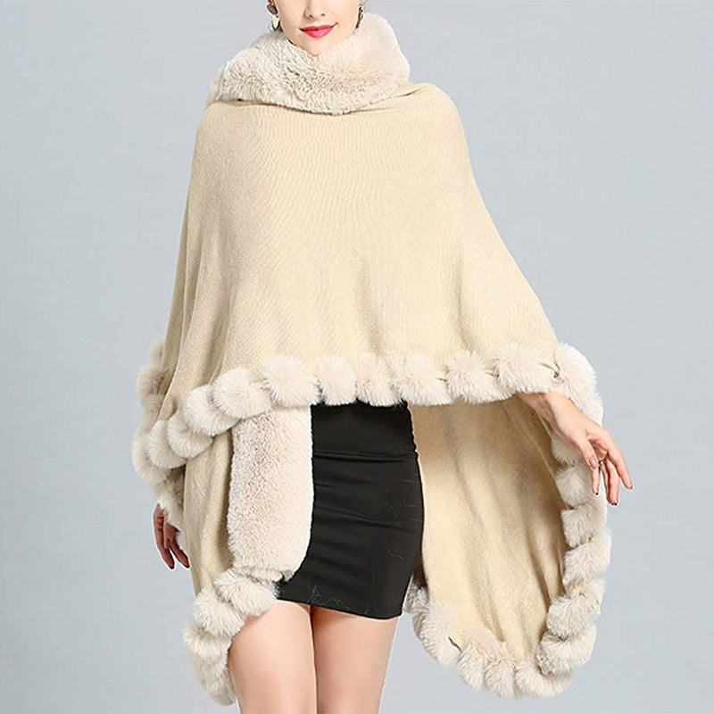 Beakey Womens Faux Fox Fur Trim Cardigan Shawl Oversized Cape-Beige