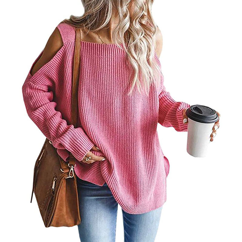 Beakey Womens Off Shoulder Oversized Sweater Fashion Knit Tunic Tops-Pink