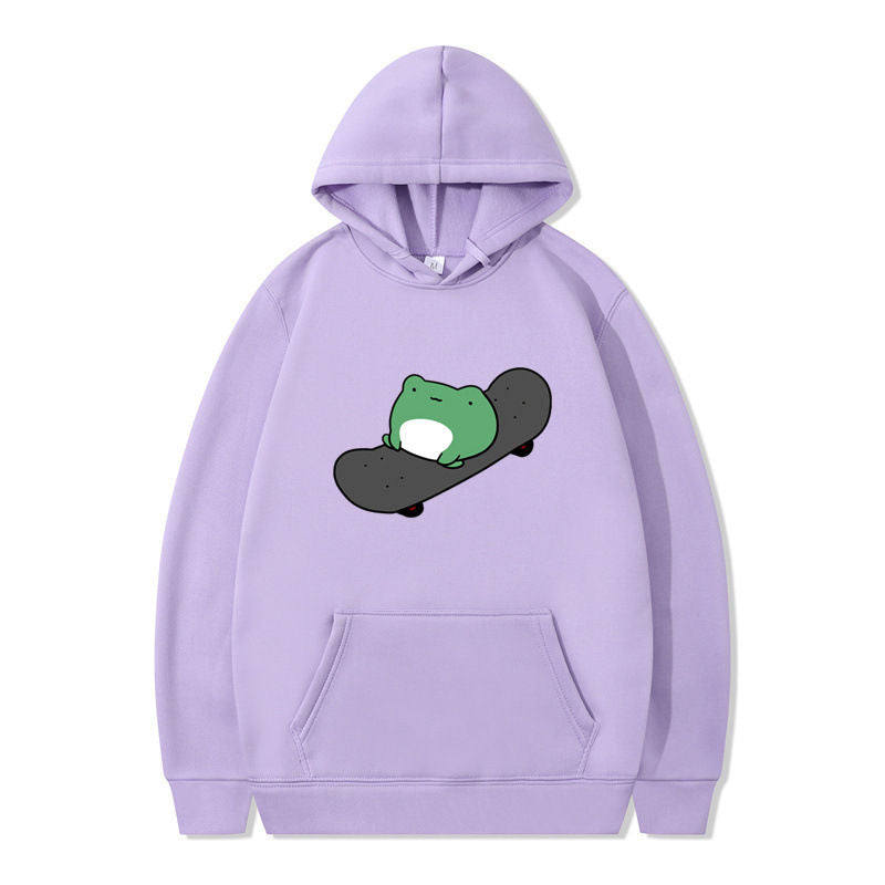 Beakey Womens Cute Hoodie Skateboarding Frog Long Sleeve Pullover-Purple