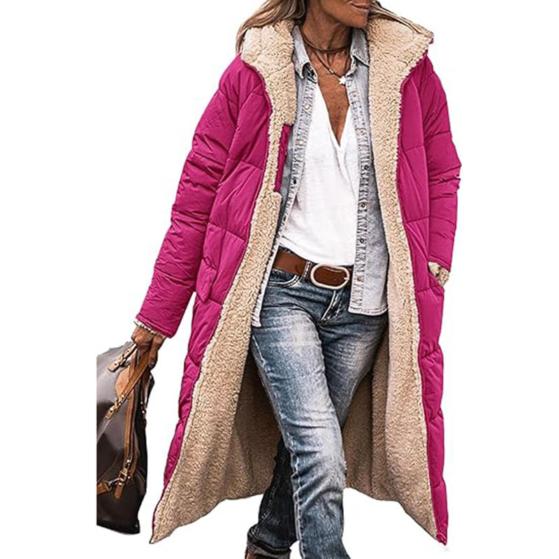 Beakey Womens Long Coats with Hood Fleece Lining Oversized Jackets-Rose Red