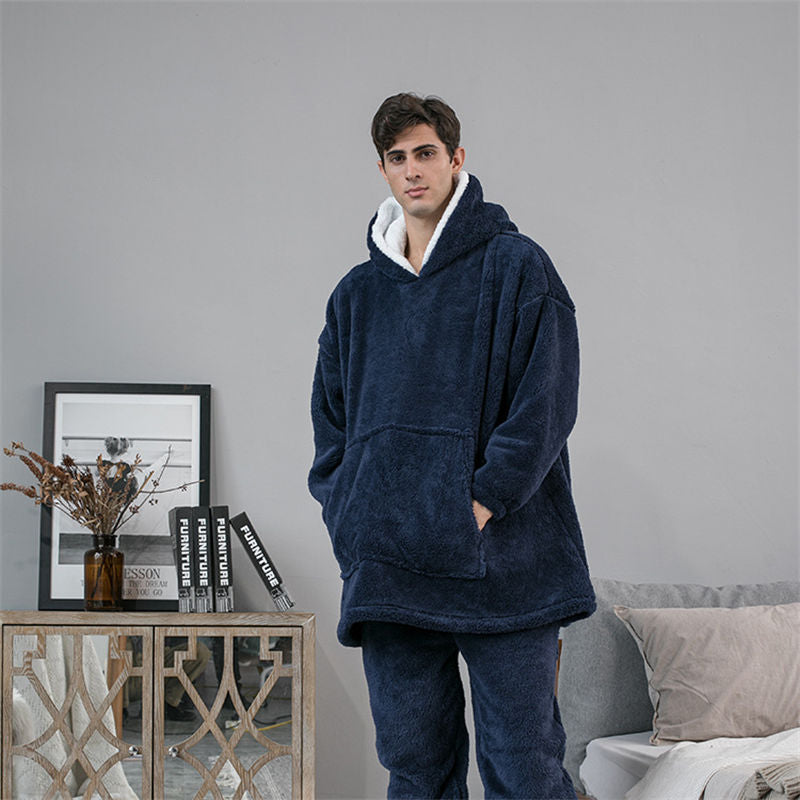 Beakey Hooded Pajama Top with Pocket for Unisex-Navy Blue