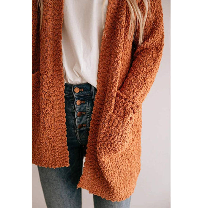 Beakey Women's Winter Long Sleeve Soft Chunky Knit Sweater Cardigan Outwear-Orange-YL1305