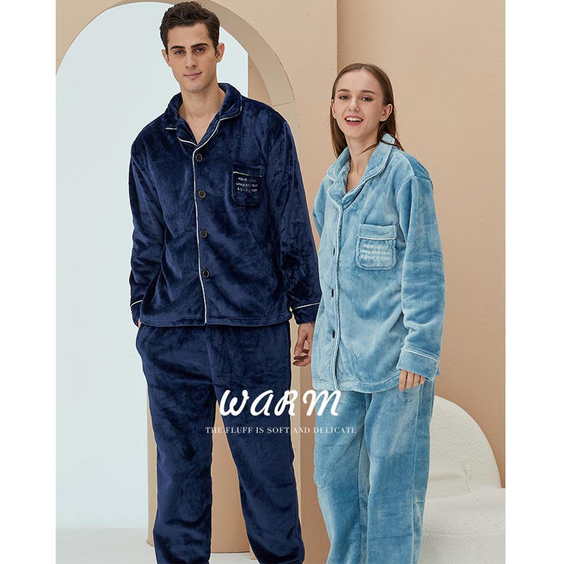 Beakey Thicken Warm Flannel Pajamas Set Homewear-Navy Blue