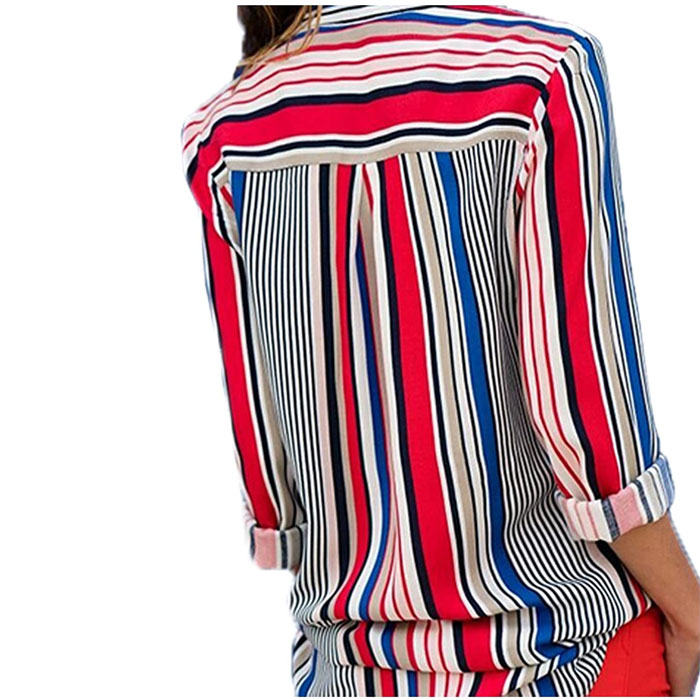 Beakey Women Autumn V Neck Striped Printing Roll up Sleeve Button Down Blouses Top-Red-623