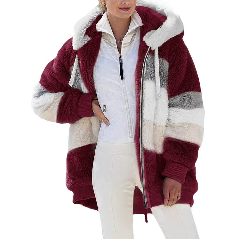 Beakey Womens Warm Plush Hooded Cardigan Full Zip Colorblock Jacket-Wine Red