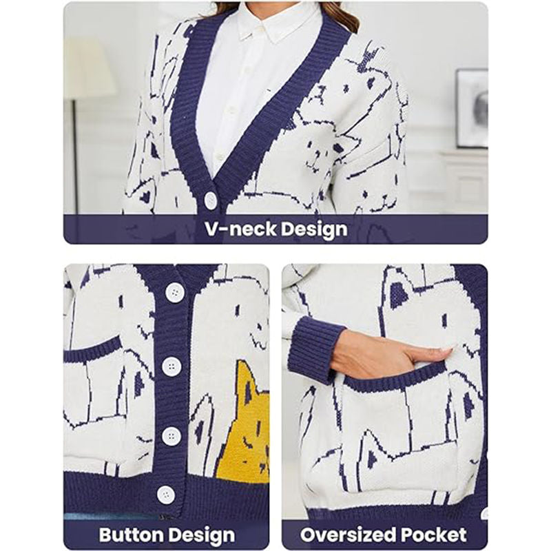 Beakey Kawaii Cat Sweater for Women Button Down V Neck Knitted Cardigan-Blue
