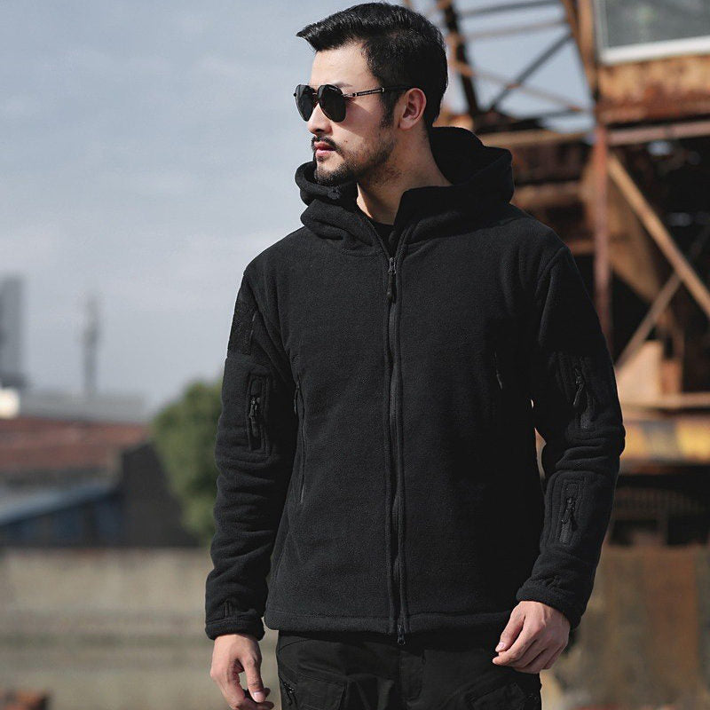 Beakey Military Tactical Jacket for Men Fleece Hooded Coat with Zipper-Black