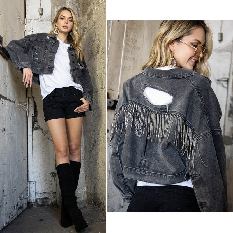 Beakey Womens Denim Jacket with Fringe Rhinestones Crop Casual Coat-Black