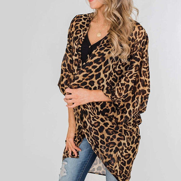 Beakey Women's Summer Floral Print Kimonos Loose Half Sleeve Chiffon Cardigan Blouses Casual Cover Up - Leopard