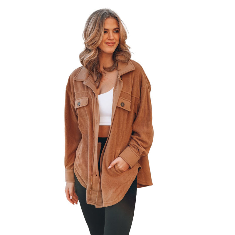 Beakey Womens Fleece Long Sleeved Shirt Casual Boyfriend Blouse Top-Caramel