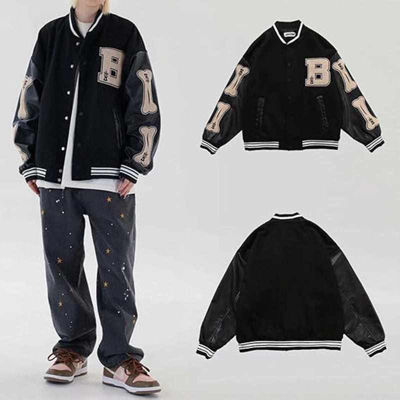 Beakey Unisex Varsity Jacket Stitched Leather Oversized Coat with Patch-Black