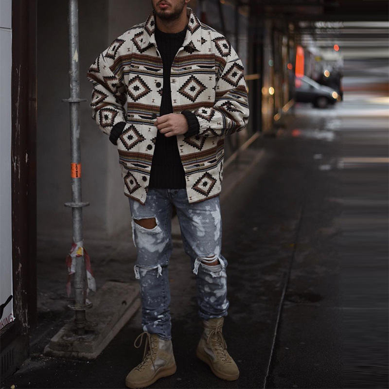 Beakey Mens Aztec Pattern Jacket for Men Label Button Down Shirt Coat