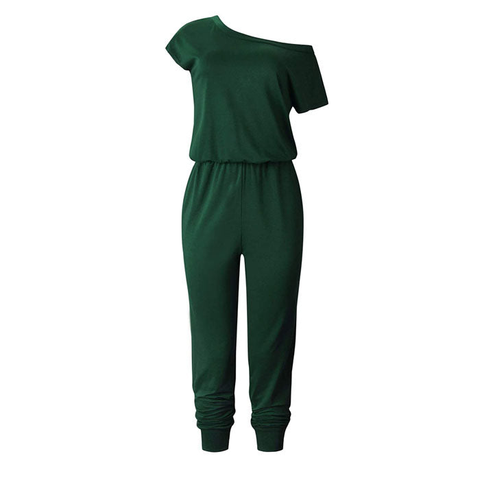 Beakey Women's Loose Solid Off Shoulder Elastic Waist Stretchy Long Romper Jumpsuit with Pockets - Dark Green