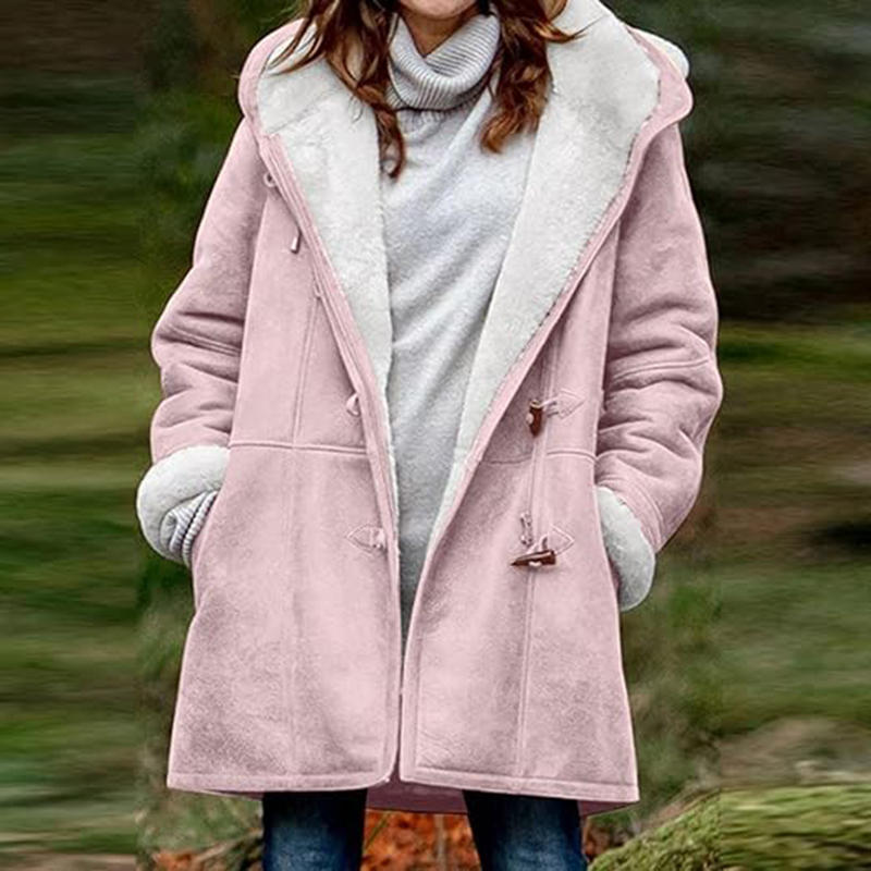 Beakey Fleece Jackets for Women Horn Button Winter Hooded Outwear-Pink