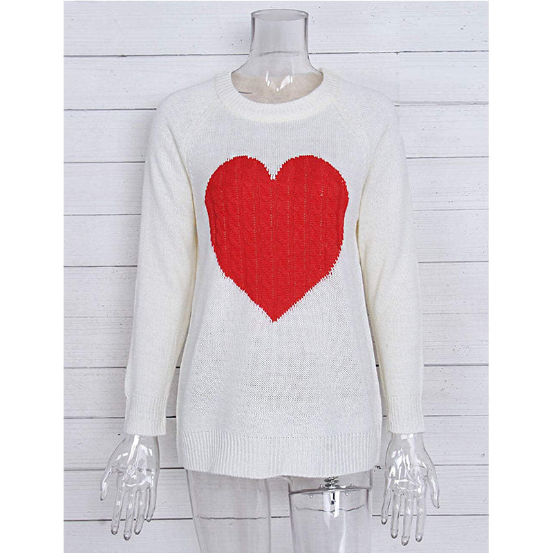 Beakey Women's Long Sleeve Pullover Sweater CrewNeck Cute Heart Knit Sweater-White Red