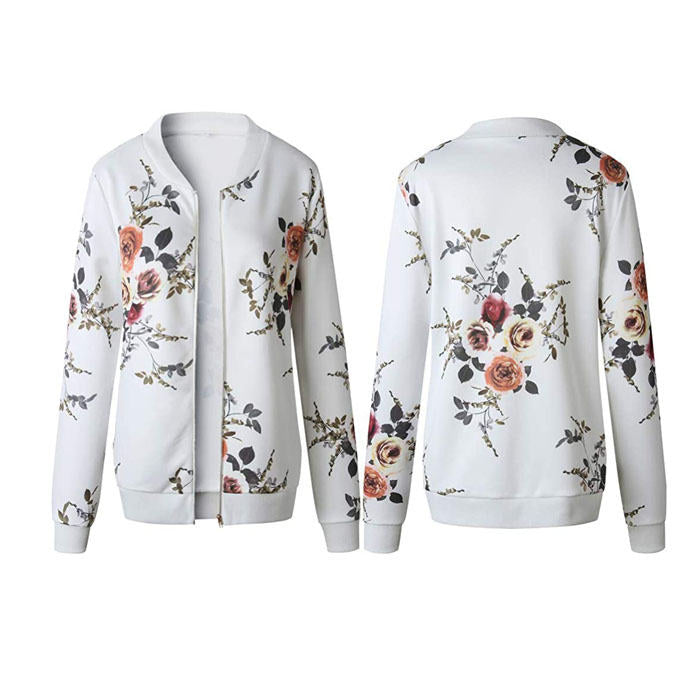 Beakey Women's Fashion Zip Up Casual Jacket Coat Short Outwear Flower Printing Tops-White-8795
