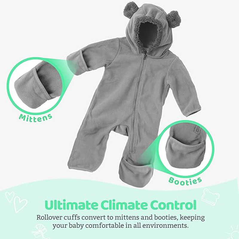 Beakey Baby Fleece Bodysuit Zipper Closure with Hood & Mittens for Winter-Grey