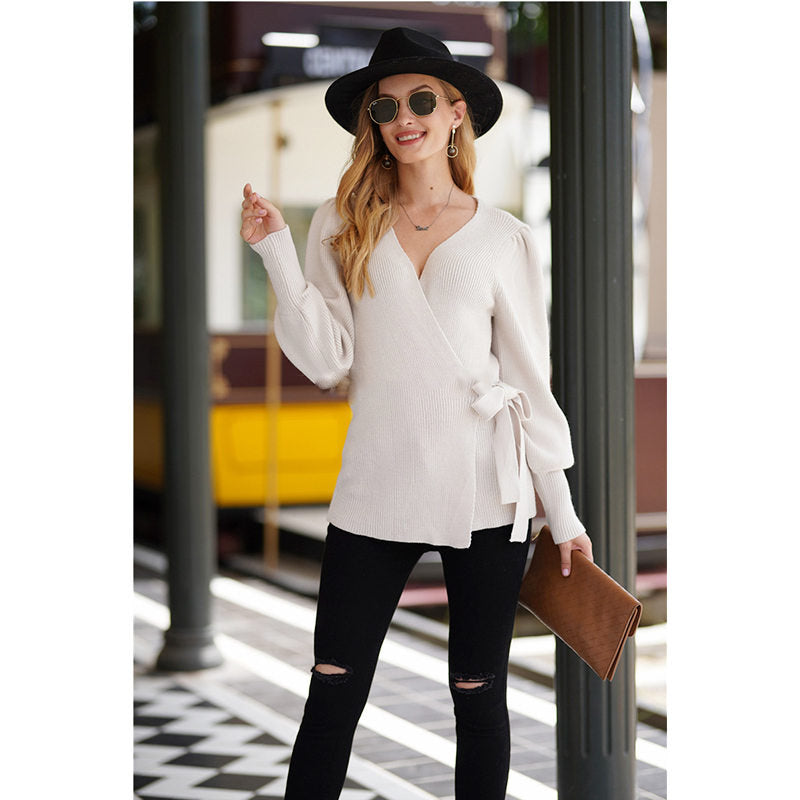 Beakey Womens Sexy V Neck Oversized Sweater Balloon Sleeve Knit Pullover-Apricot
