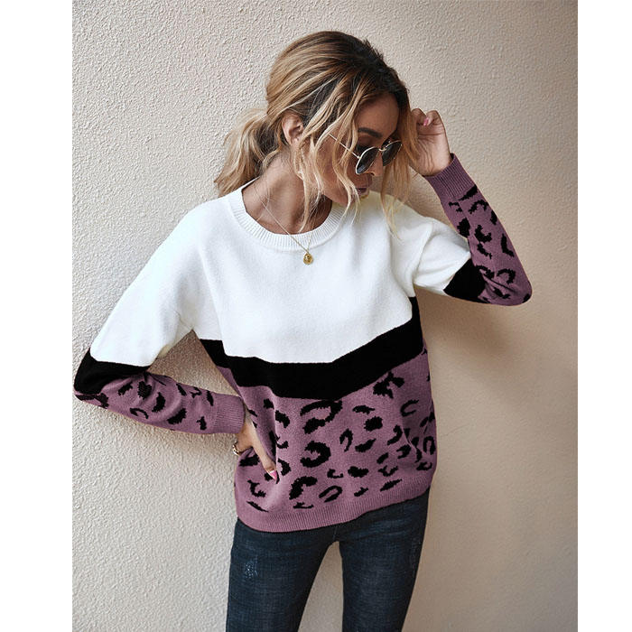 Beakey Women¡¯s Casual Knitted Sweater Leopard Print Color Block Loose Pullover-Purple-K208002