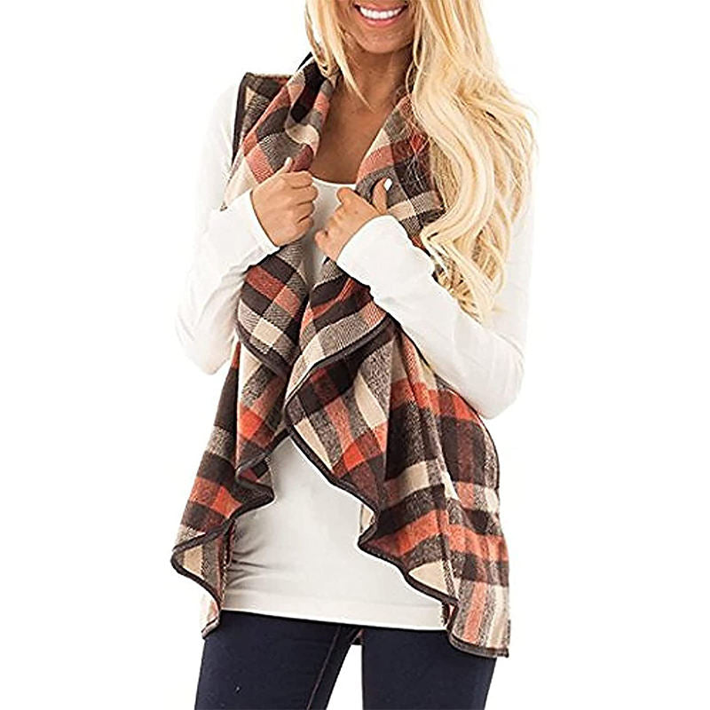 Beakey Womens Casual Lapel Open Front Plaid Vest Cardigan with Pockets-Khaki